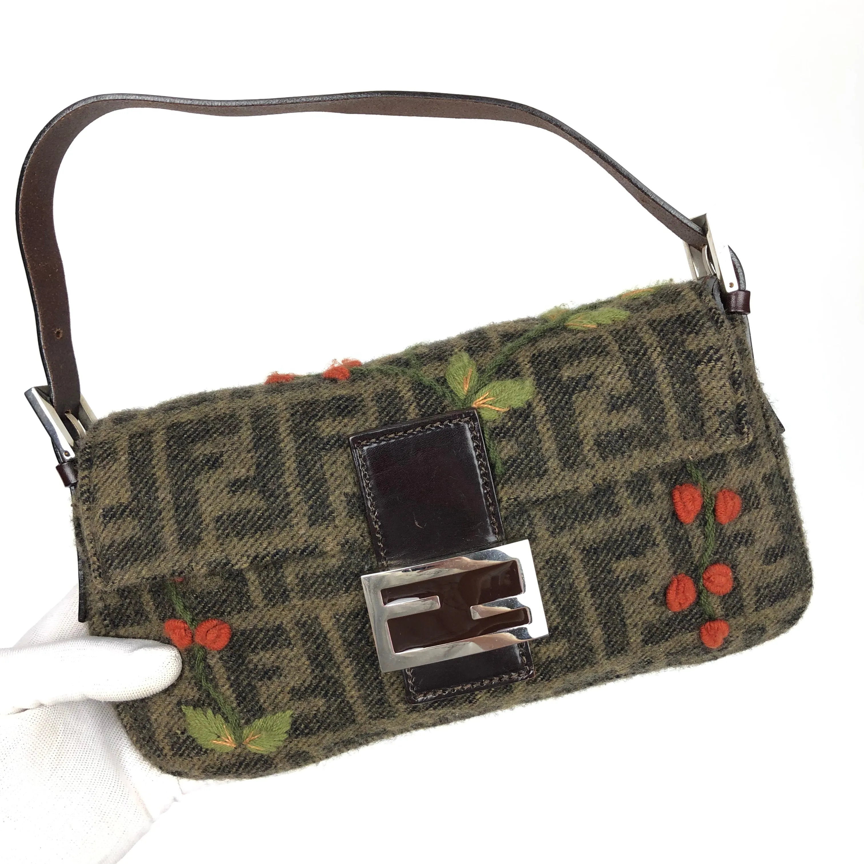 FENDI ZUCCA CASHMERE WOOL BAGUETTE SHOULDER BAG