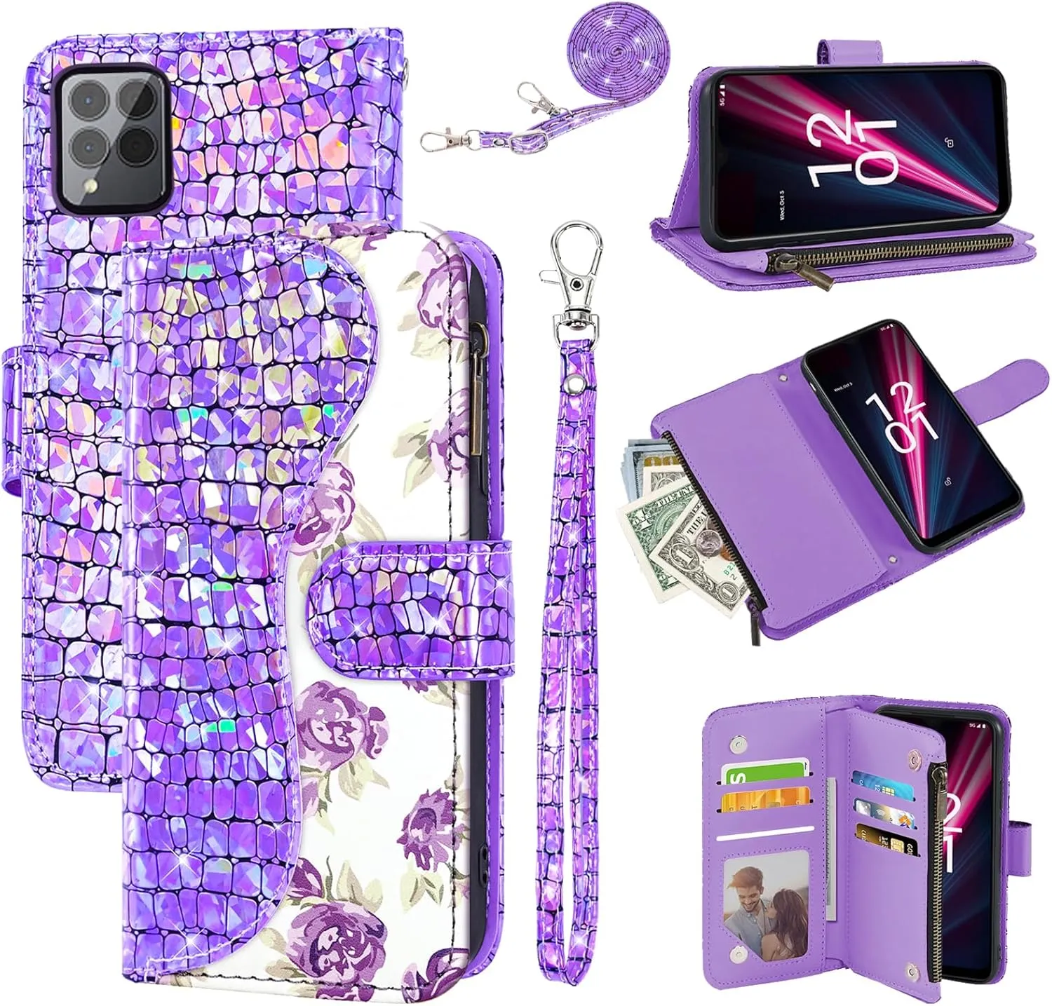 Floral Wallet Case for T-Mobile Revvl 6 Pro/6X Pro 5G with Wrist Strap Shoulder Strap Flip Zipper Purse Card Holder,Phone Cover for Tmobile Revel X Tmo Revell T Mobile Rebel TCL Purple