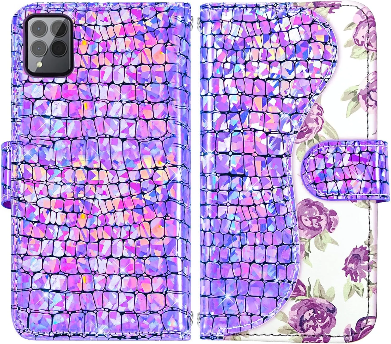 Floral Wallet Case for T-Mobile Revvl 6 Pro/6X Pro 5G with Wrist Strap Shoulder Strap Flip Zipper Purse Card Holder,Phone Cover for Tmobile Revel X Tmo Revell T Mobile Rebel TCL Purple