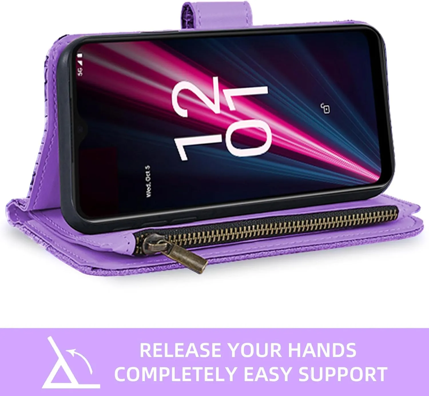 Floral Wallet Case for T-Mobile Revvl 6 Pro/6X Pro 5G with Wrist Strap Shoulder Strap Flip Zipper Purse Card Holder,Phone Cover for Tmobile Revel X Tmo Revell T Mobile Rebel TCL Purple