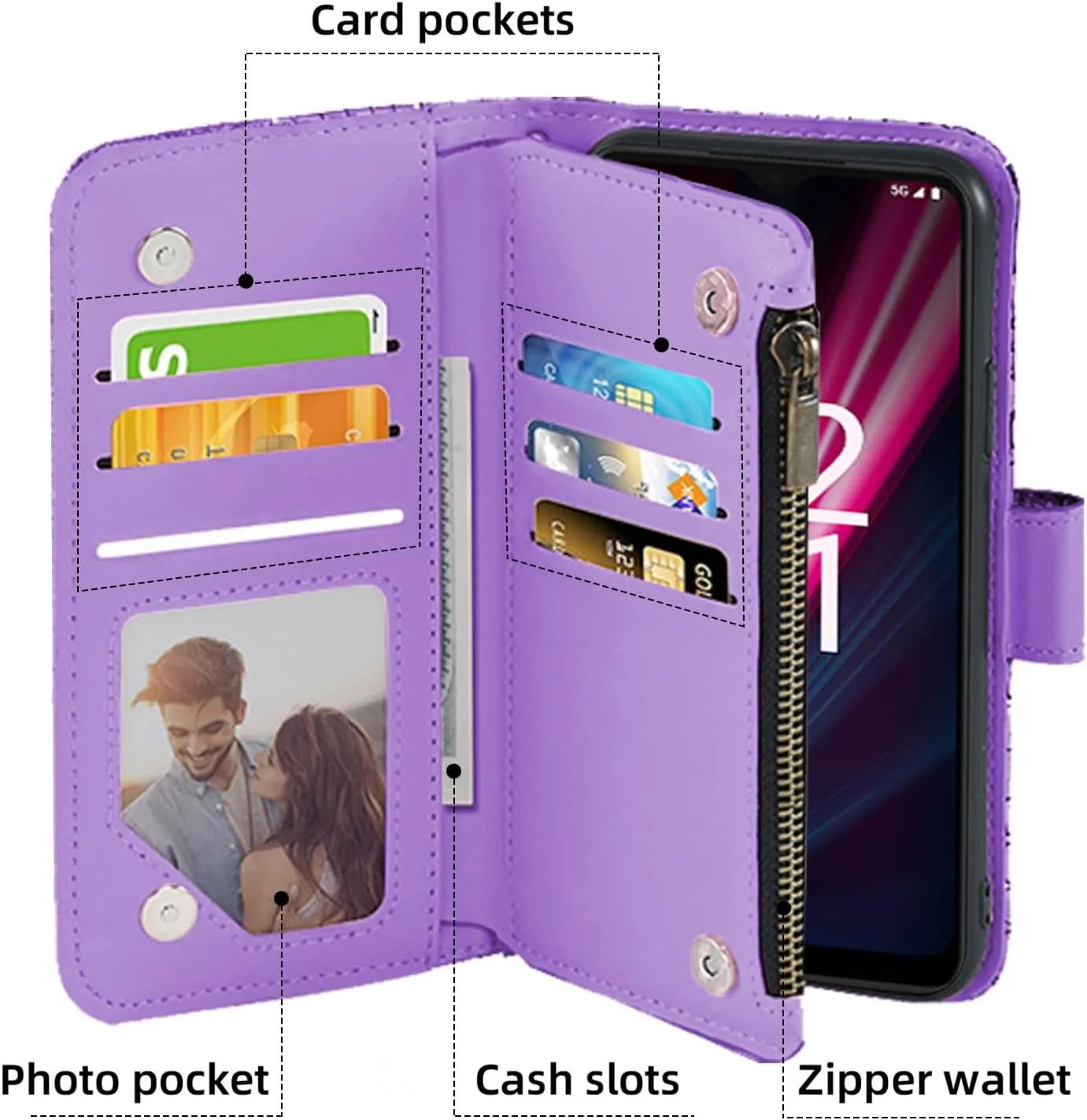 Floral Wallet Case for T-Mobile Revvl 6 Pro/6X Pro 5G with Wrist Strap Shoulder Strap Flip Zipper Purse Card Holder,Phone Cover for Tmobile Revel X Tmo Revell T Mobile Rebel TCL Purple