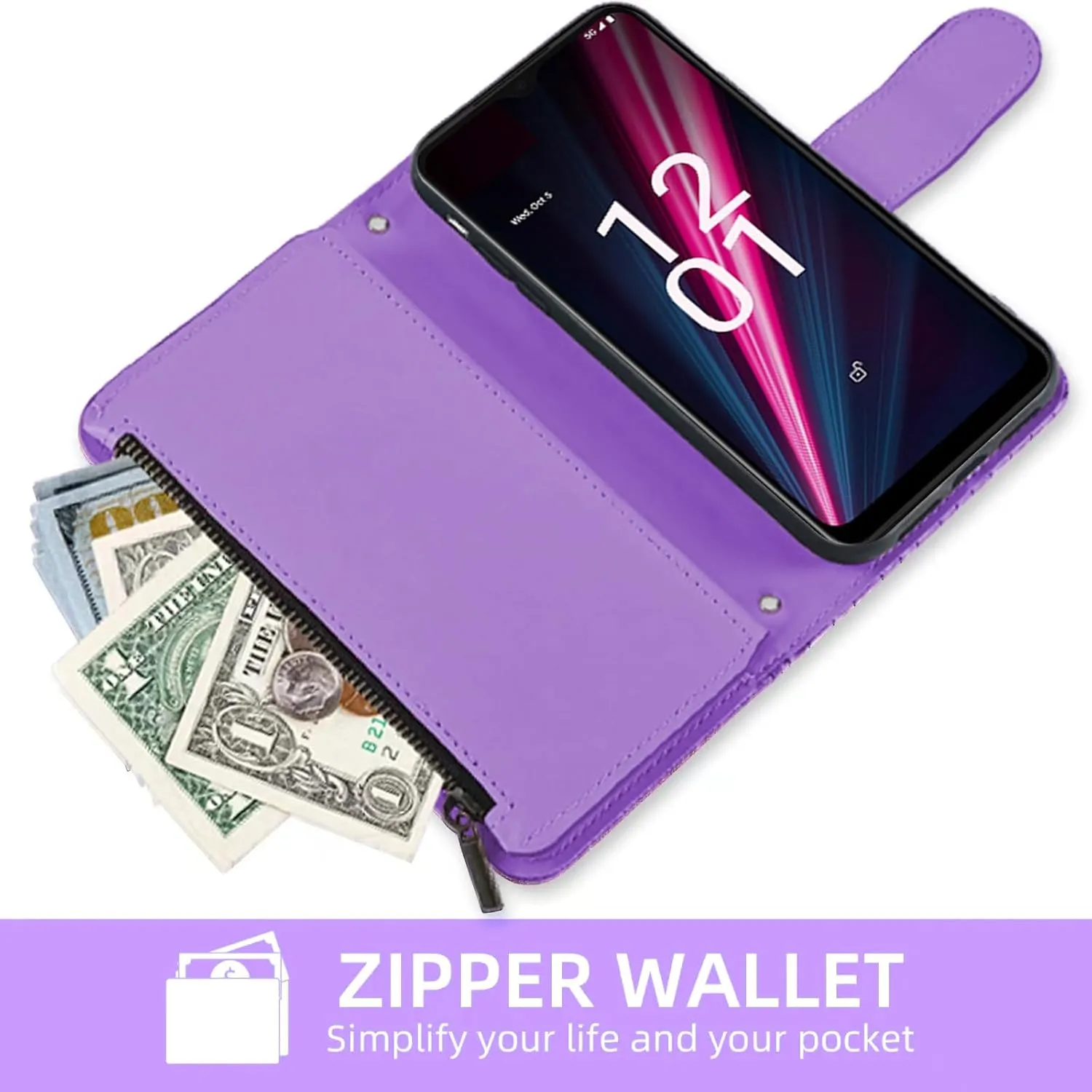 Floral Wallet Case for T-Mobile Revvl 6 Pro/6X Pro 5G with Wrist Strap Shoulder Strap Flip Zipper Purse Card Holder,Phone Cover for Tmobile Revel X Tmo Revell T Mobile Rebel TCL Purple