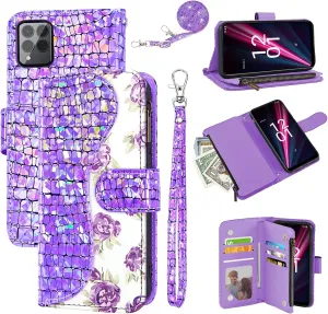 Floral Wallet Case for T-Mobile Revvl 6 Pro/6X Pro 5G with Wrist Strap Shoulder Strap Flip Zipper Purse Card Holder,Phone Cover for Tmobile Revel X Tmo Revell T Mobile Rebel TCL Purple