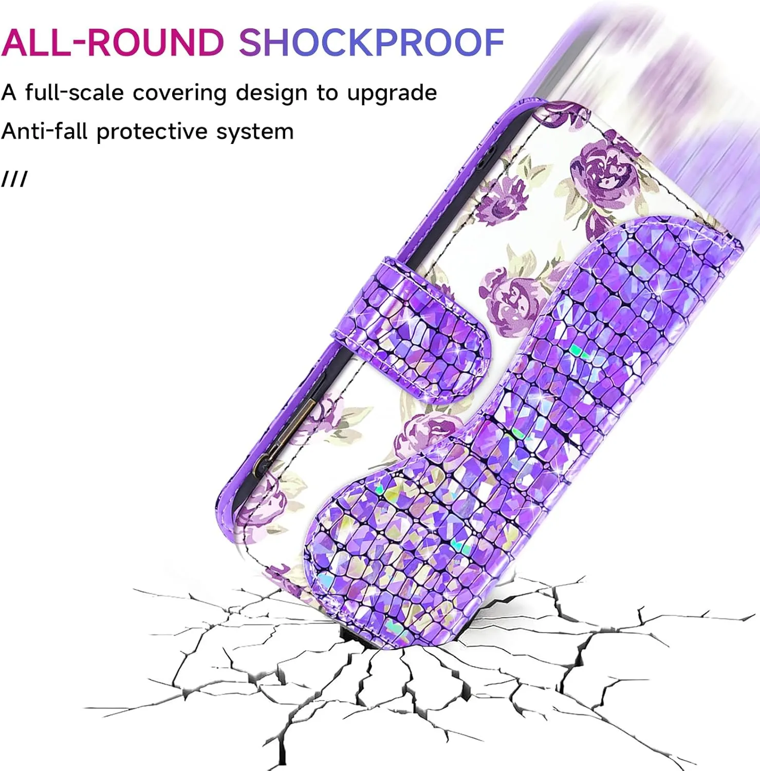 Floral Wallet Case for T-Mobile Revvl 6 Pro/6X Pro 5G with Wrist Strap Shoulder Strap Flip Zipper Purse Card Holder,Phone Cover for Tmobile Revel X Tmo Revell T Mobile Rebel TCL Purple