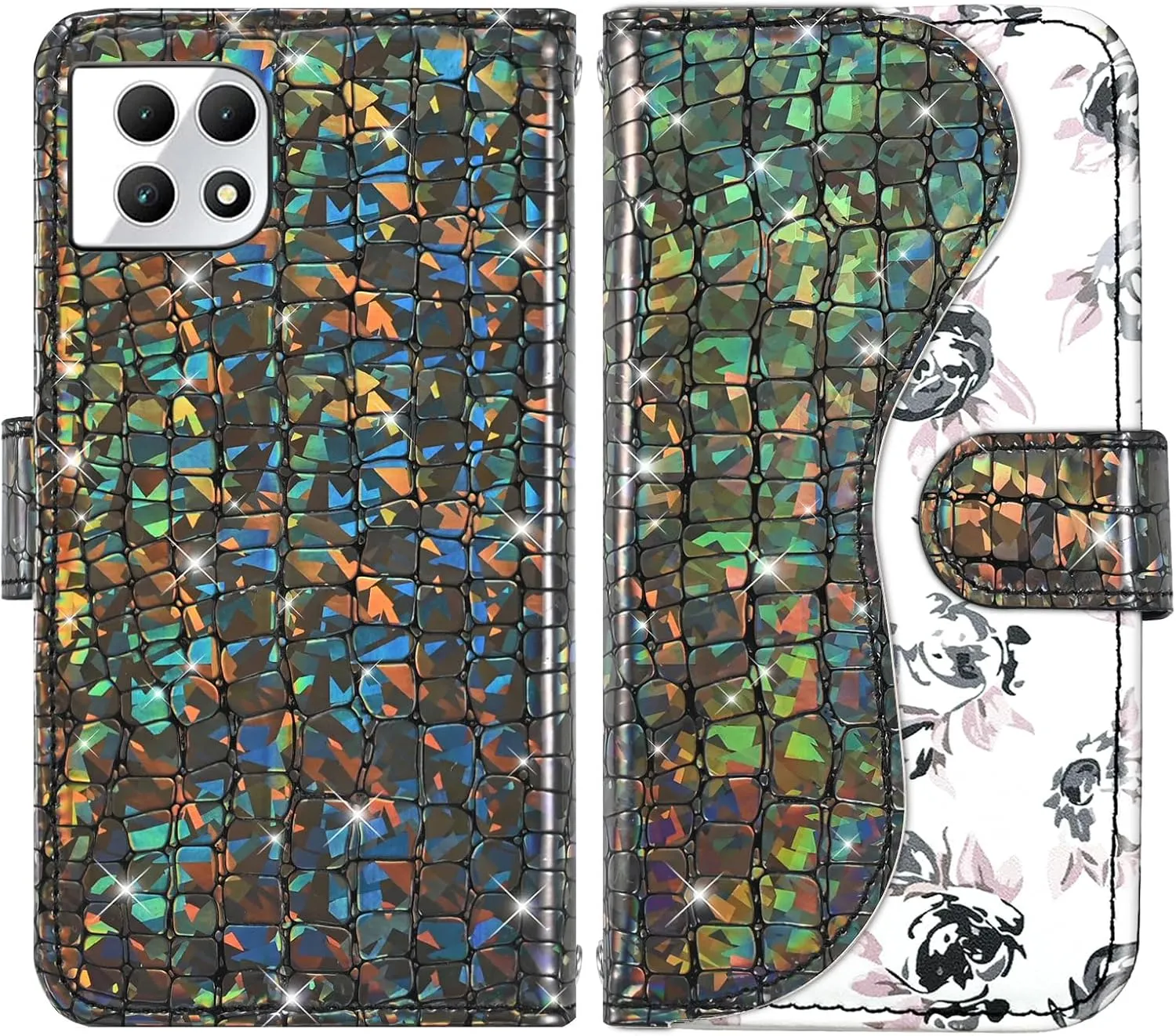 Floral Wallet Case for T-Mobile Revvl 7 5G with Wrist Strap Shoulder Strap Flip Zipper Purse Card Holder,Stand Glitter Phone Cover for Tmobile Revvl7 T Mobile Revel Tmo Revell Rebel Black