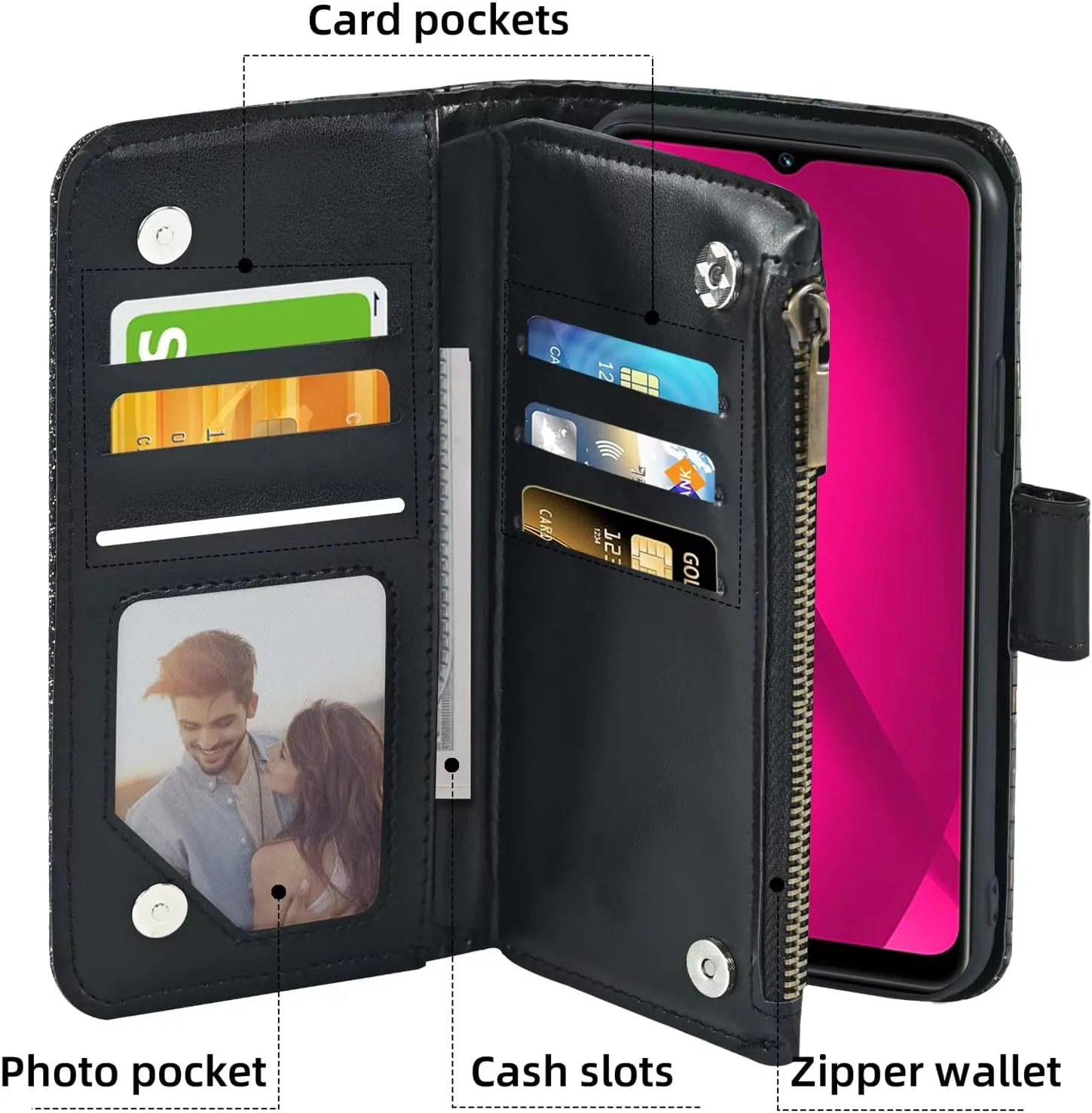 Floral Wallet Case for T-Mobile Revvl 7 5G with Wrist Strap Shoulder Strap Flip Zipper Purse Card Holder,Stand Glitter Phone Cover for Tmobile Revvl7 T Mobile Revel Tmo Revell Rebel Black
