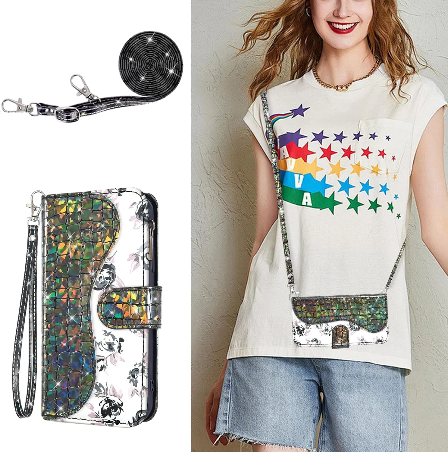 Floral Wallet Case for T-Mobile Revvl 7 5G with Wrist Strap Shoulder Strap Flip Zipper Purse Card Holder,Stand Glitter Phone Cover for Tmobile Revvl7 T Mobile Revel Tmo Revell Rebel Black