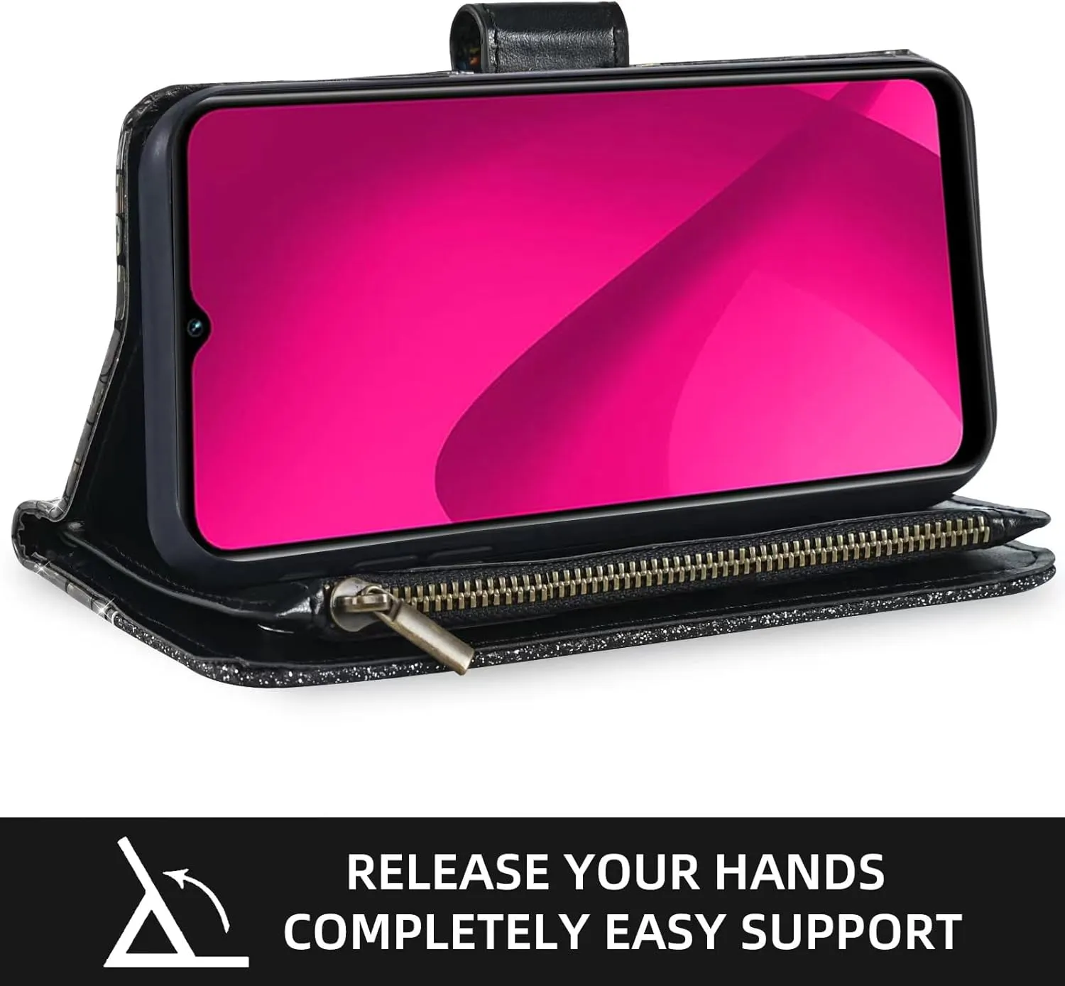Floral Wallet Case for T-Mobile Revvl 7 5G with Wrist Strap Shoulder Strap Flip Zipper Purse Card Holder,Stand Glitter Phone Cover for Tmobile Revvl7 T Mobile Revel Tmo Revell Rebel Black
