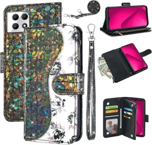 Floral Wallet Case for T-Mobile Revvl 7 5G with Wrist Strap Shoulder Strap Flip Zipper Purse Card Holder,Stand Glitter Phone Cover for Tmobile Revvl7 T Mobile Revel Tmo Revell Rebel Black