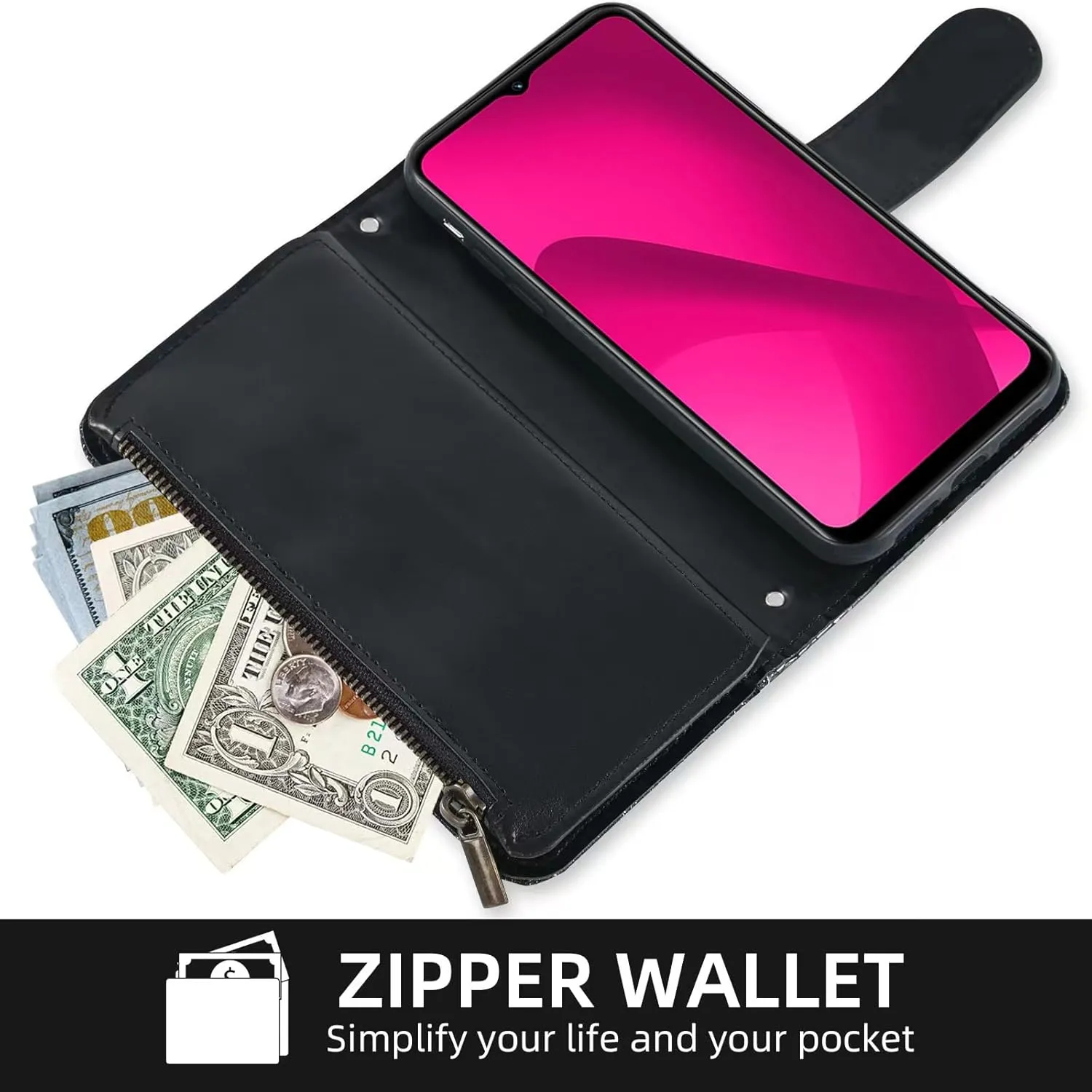 Floral Wallet Case for T-Mobile Revvl 7 5G with Wrist Strap Shoulder Strap Flip Zipper Purse Card Holder,Stand Glitter Phone Cover for Tmobile Revvl7 T Mobile Revel Tmo Revell Rebel Black