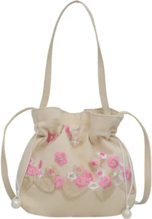 Flower Embroidery Handbag Shoulder Bucket Bag Fashion Tote Bag Women's Drawstring Purse for Shopping Summer Travel