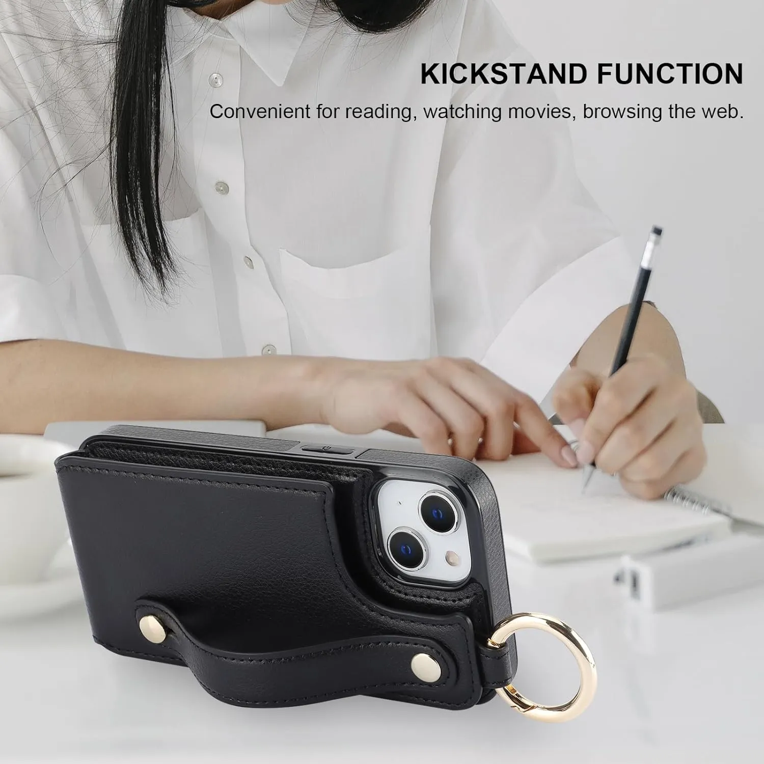 Folosu for iPhone 13/14 Wallet Case with Card Holder, Hand Wrist Strap Loop Holder Kickstand, RFID Blocking Finger Grip Ring PU Leather Double Buttons Shockproof Cover 6.1" Black