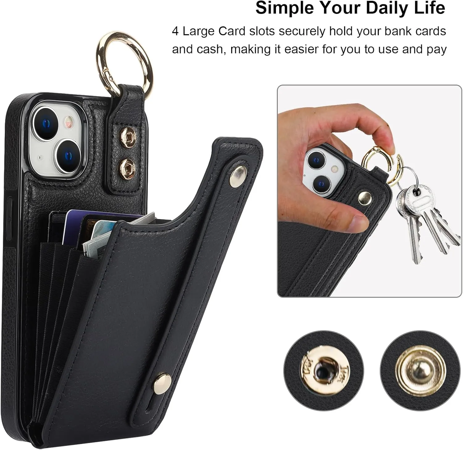 Folosu for iPhone 13/14 Wallet Case with Card Holder, Hand Wrist Strap Loop Holder Kickstand, RFID Blocking Finger Grip Ring PU Leather Double Buttons Shockproof Cover 6.1" Black