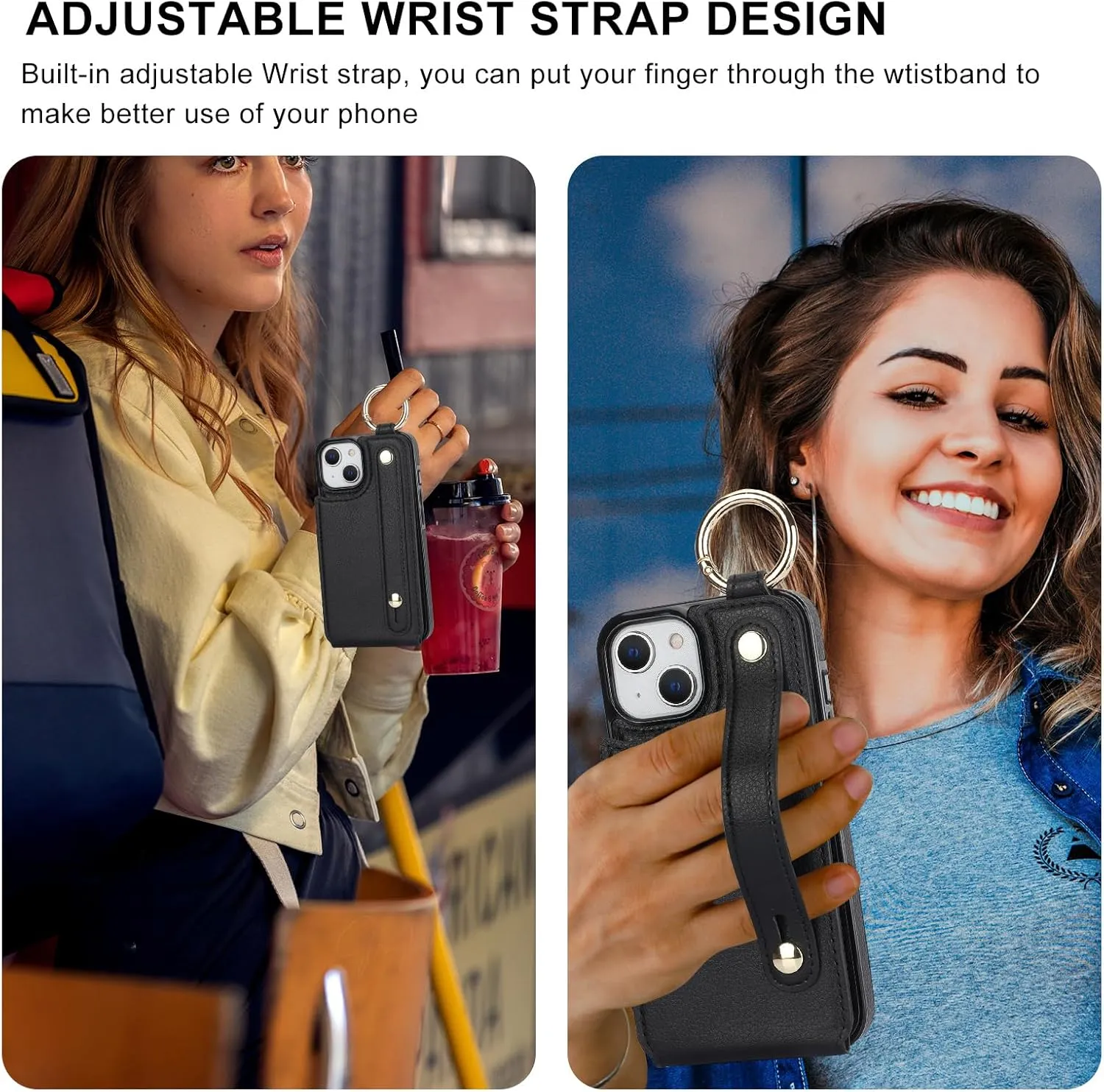Folosu for iPhone 13/14 Wallet Case with Card Holder, Hand Wrist Strap Loop Holder Kickstand, RFID Blocking Finger Grip Ring PU Leather Double Buttons Shockproof Cover 6.1" Black