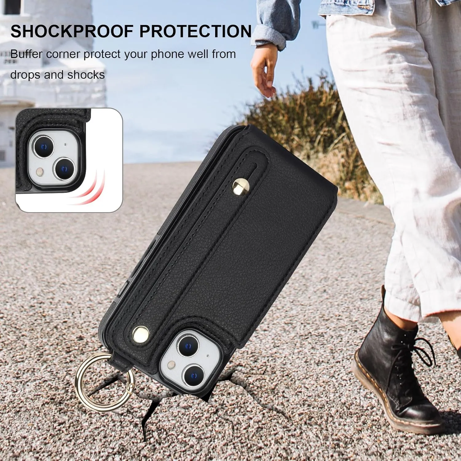 Folosu for iPhone 13/14 Wallet Case with Card Holder, Hand Wrist Strap Loop Holder Kickstand, RFID Blocking Finger Grip Ring PU Leather Double Buttons Shockproof Cover 6.1" Black