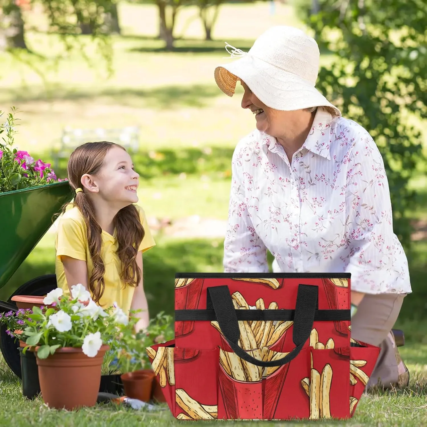 French Fries Garden Tote Bag for Women Men, Fastfood Heavy Duty Garden Tool Bags Organizer with 10 Pockets for Gardening Gift