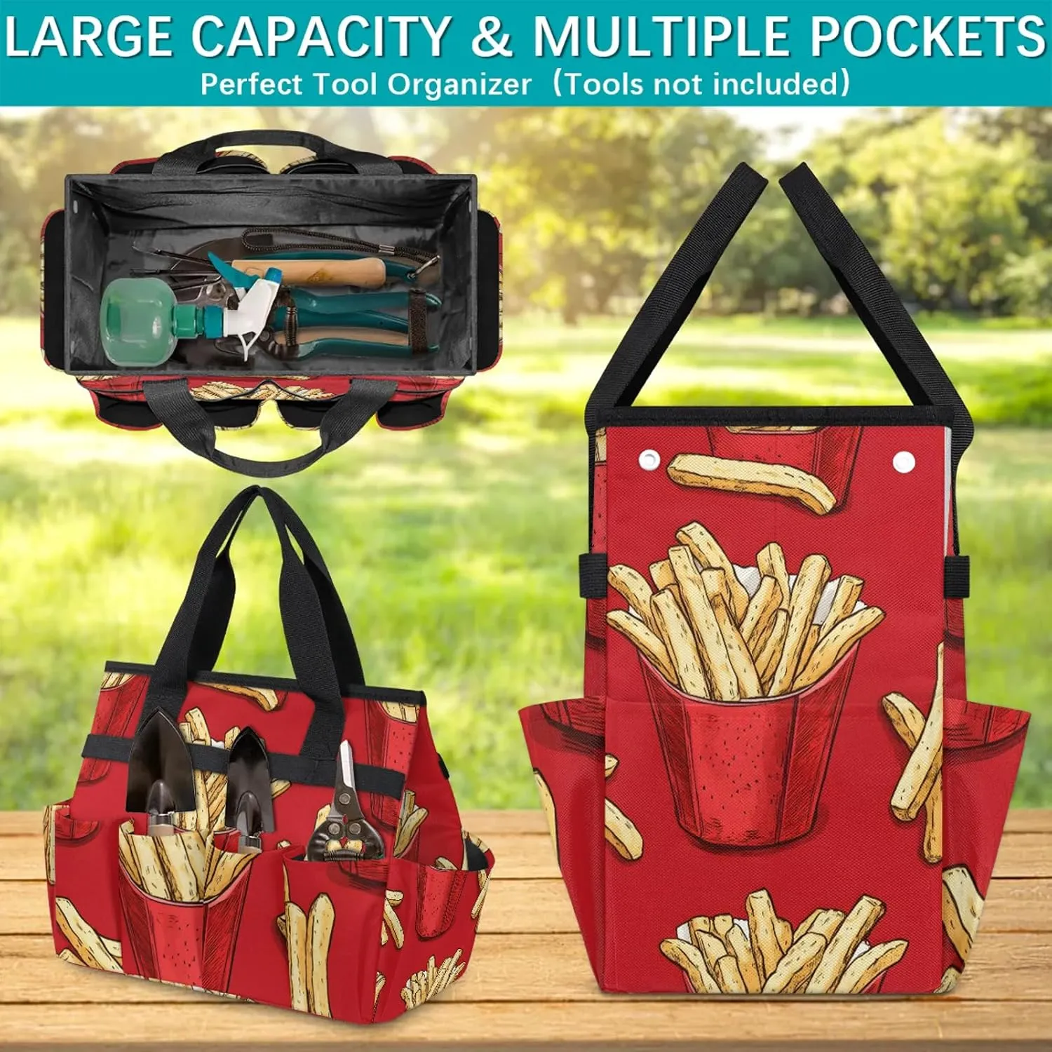 French Fries Garden Tote Bag for Women Men, Fastfood Heavy Duty Garden Tool Bags Organizer with 10 Pockets for Gardening Gift