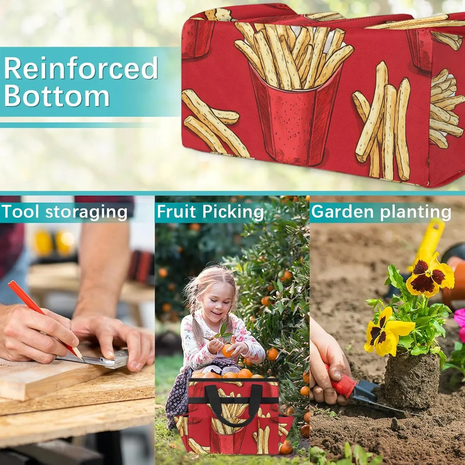 French Fries Garden Tote Bag for Women Men, Fastfood Heavy Duty Garden Tool Bags Organizer with 10 Pockets for Gardening Gift