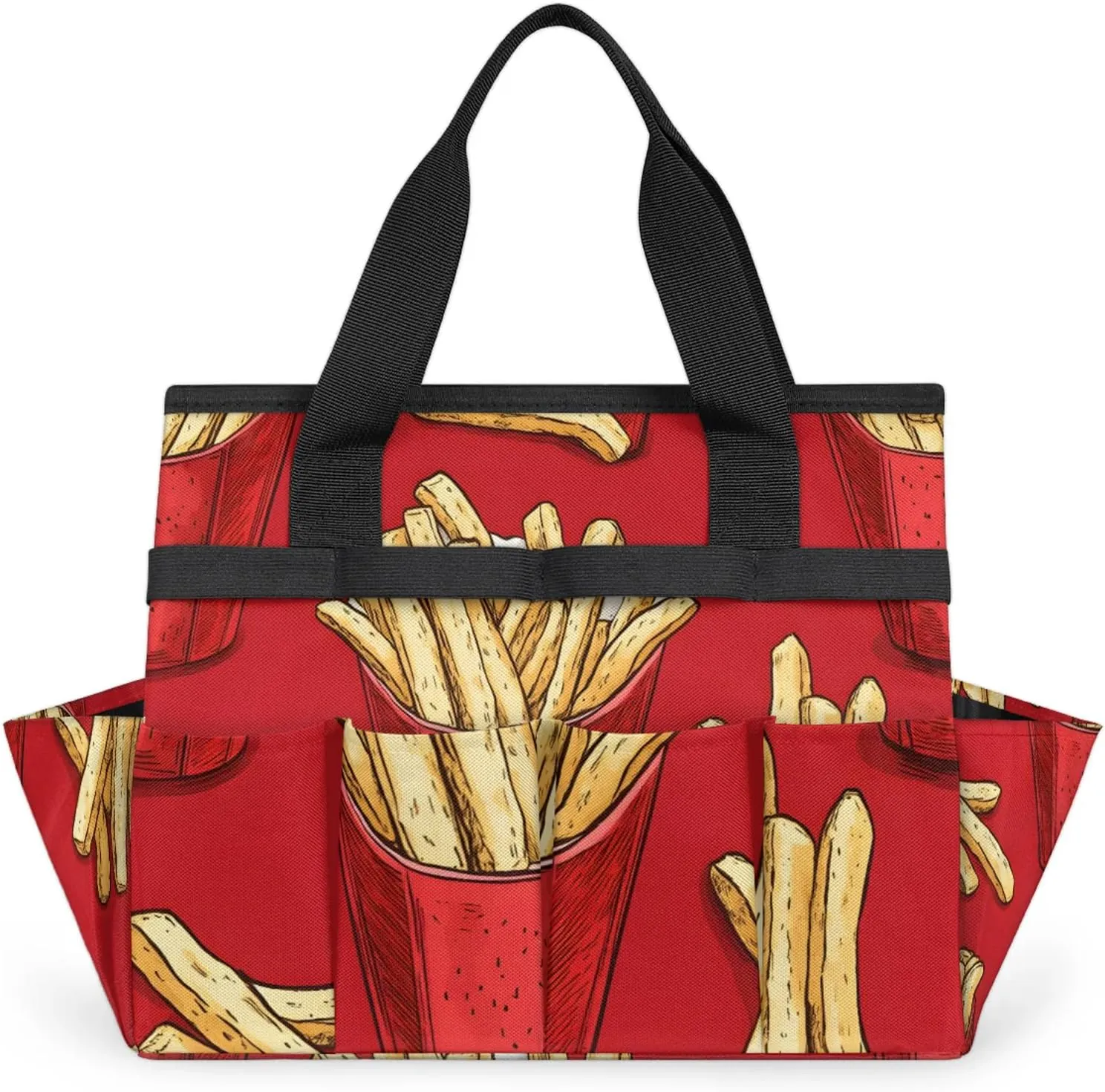 French Fries Garden Tote Bag for Women Men, Fastfood Heavy Duty Garden Tool Bags Organizer with 10 Pockets for Gardening Gift