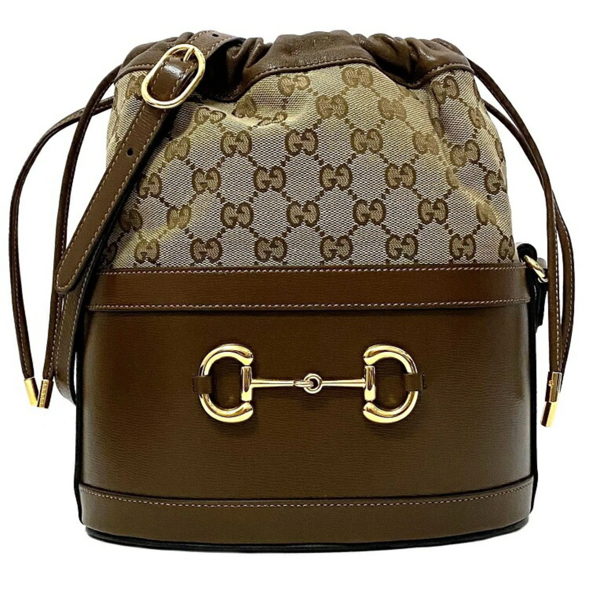 Gucci Bucket Bag Brown Beige Gold Horsebit 602118 1dbug 2363 Canvas Leather Gucci GG Shoulder Women's