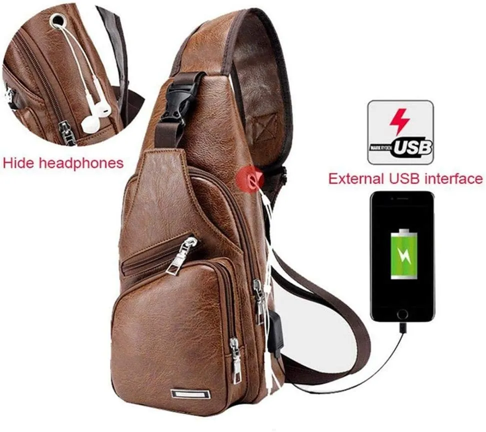 Hebetag Leather Sling Bag Crossbody Backpack for Men Women Travel Outdoor Camping