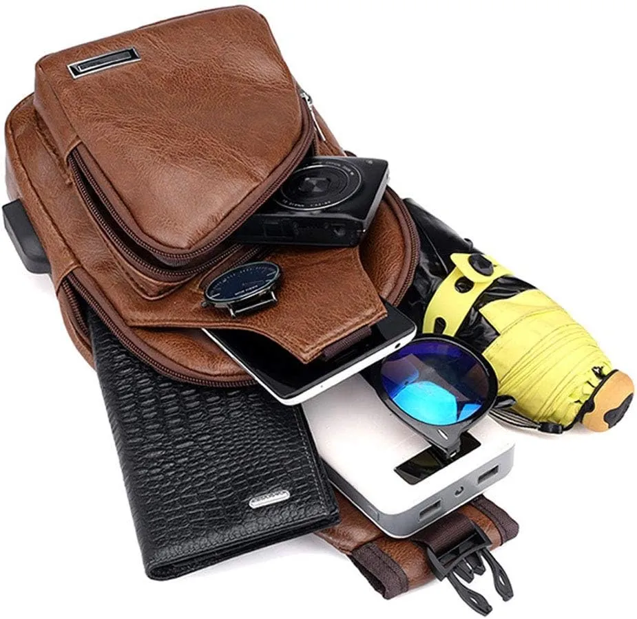 Hebetag Leather Sling Bag Crossbody Backpack for Men Women Travel Outdoor Camping
