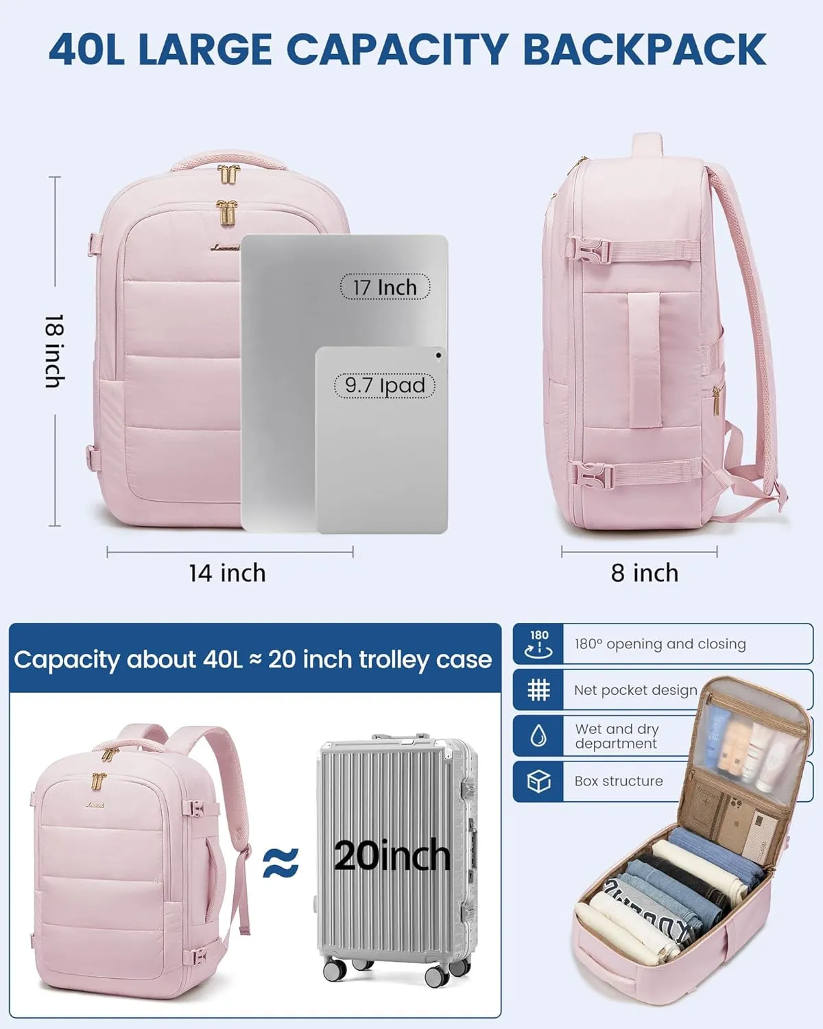 LOVEVOOK Travel Backpack for Women Men, 40L Lightweight Puffy Flight Approved Carry On Backpack Fits 17'' Laptop, TSA Personal Item Travel Bag, Waterproof Weekender Trip Work Luggage Daypack, Pink