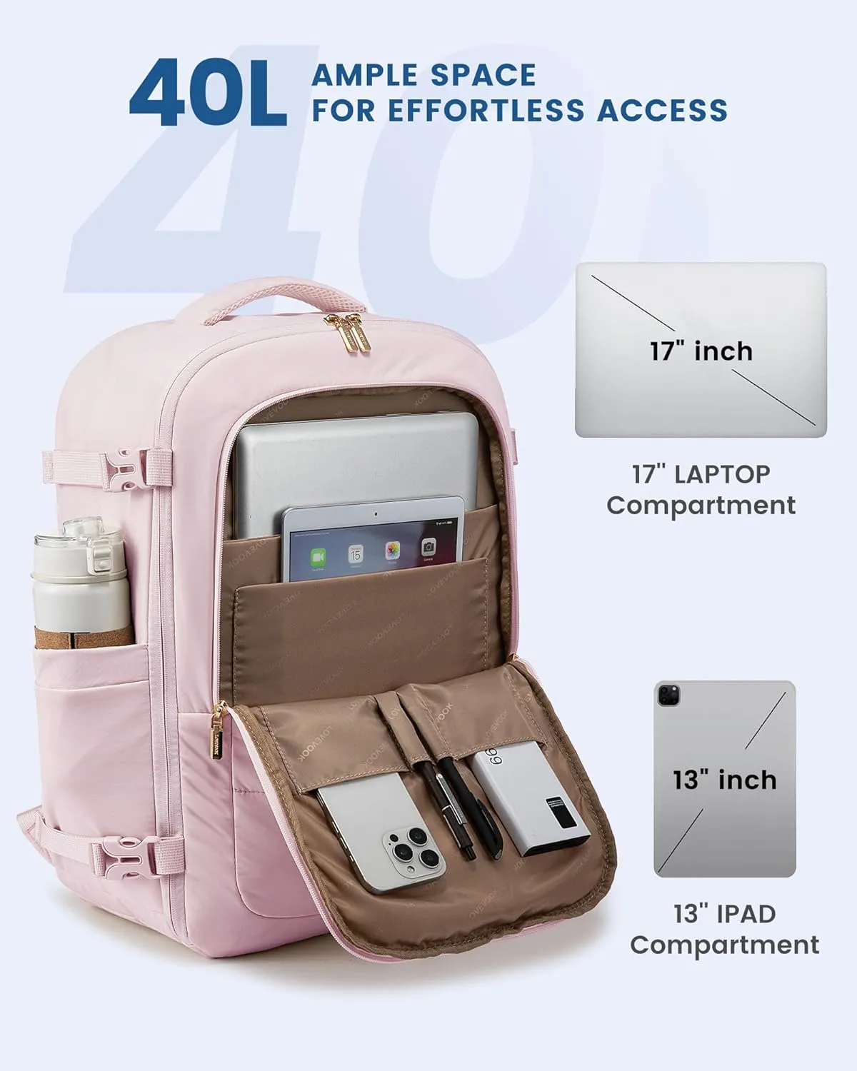 LOVEVOOK Travel Backpack for Women Men, 40L Lightweight Puffy Flight Approved Carry On Backpack Fits 17'' Laptop, TSA Personal Item Travel Bag, Waterproof Weekender Trip Work Luggage Daypack, Pink