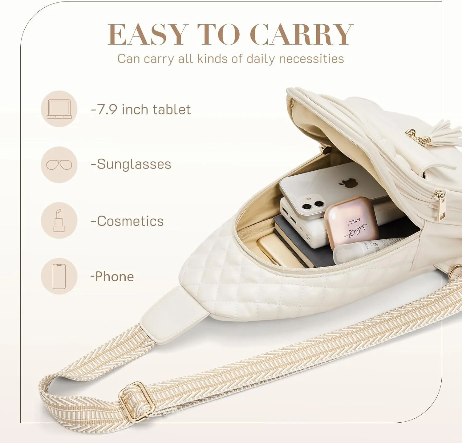 Missnine PU Leather Sling Bag for Women Quilted Chest Crossbody Trendy Travel Bag for Hiking Cycling with Tassel