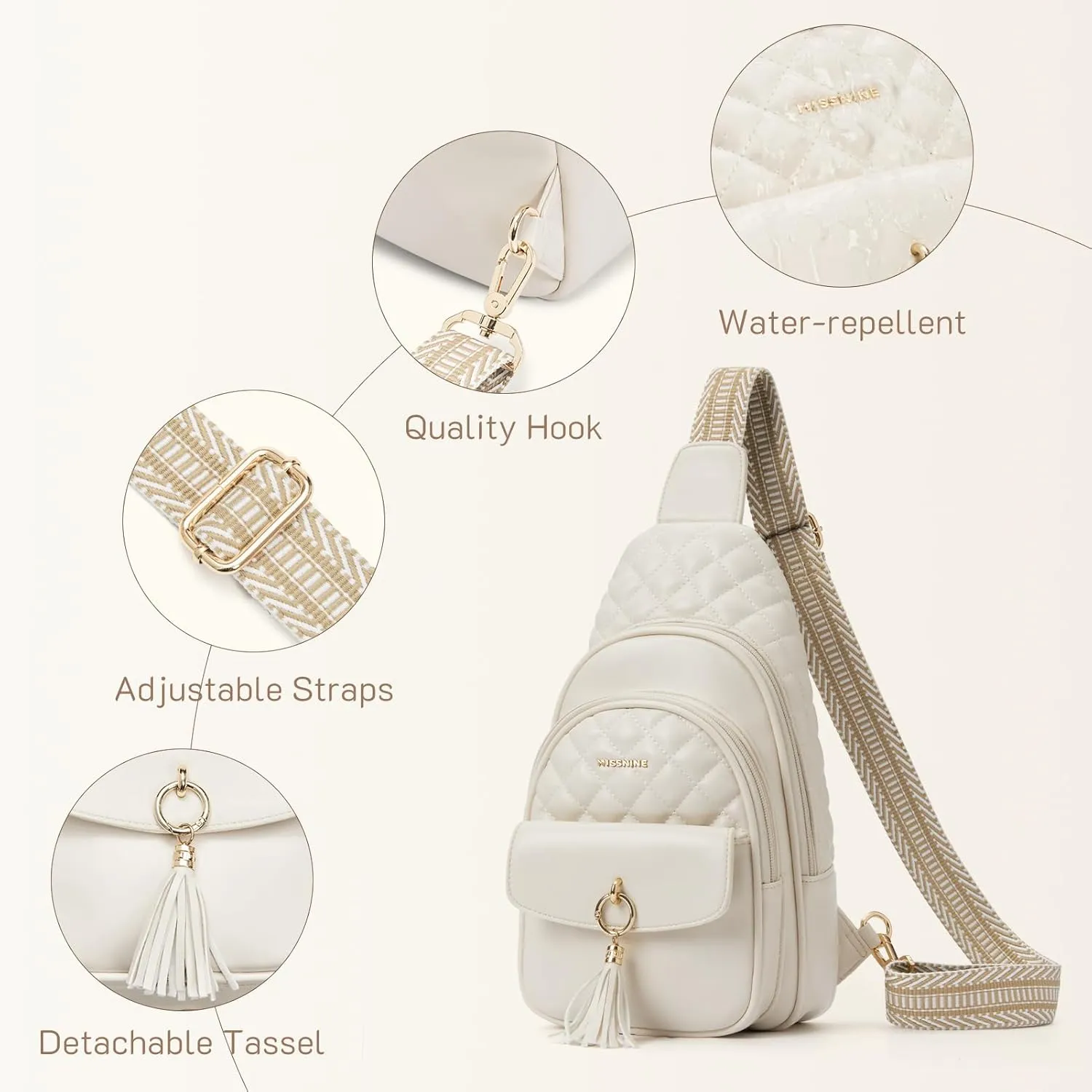 Missnine PU Leather Sling Bag for Women Quilted Chest Crossbody Trendy Travel Bag for Hiking Cycling with Tassel
