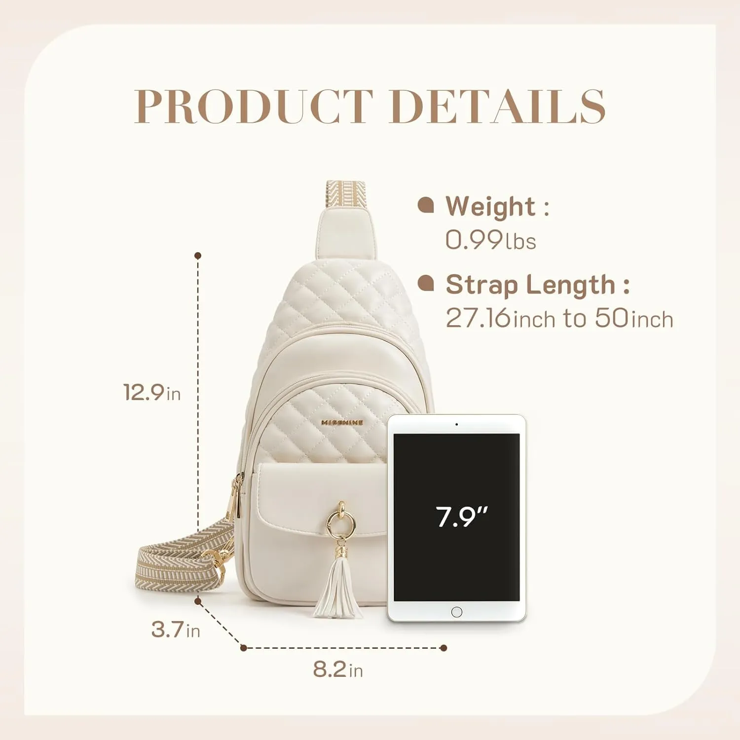 Missnine PU Leather Sling Bag for Women Quilted Chest Crossbody Trendy Travel Bag for Hiking Cycling with Tassel