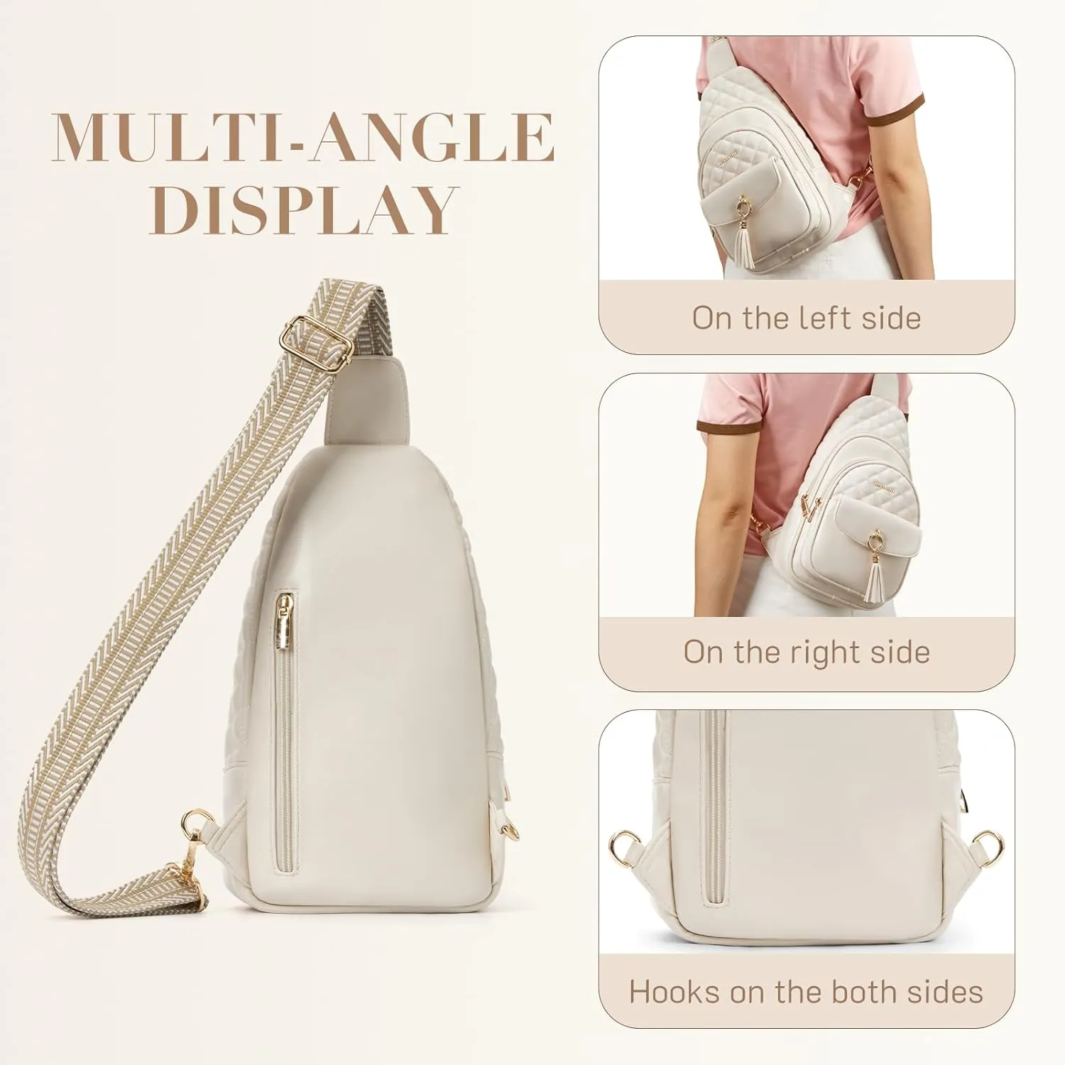 Missnine PU Leather Sling Bag for Women Quilted Chest Crossbody Trendy Travel Bag for Hiking Cycling with Tassel
