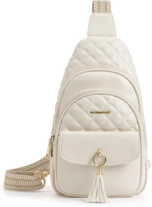Missnine PU Leather Sling Bag for Women Quilted Chest Crossbody Trendy Travel Bag for Hiking Cycling with Tassel