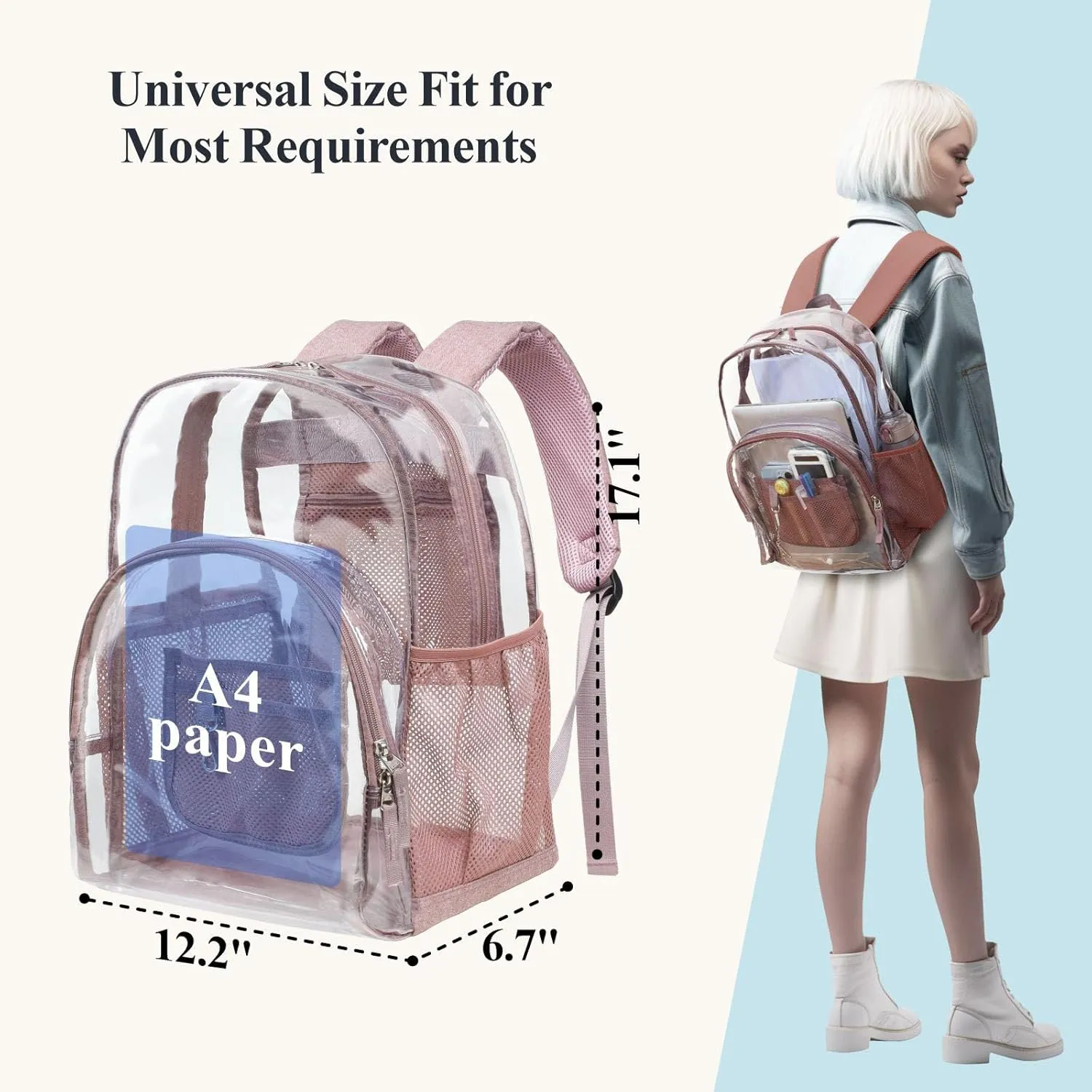 PACKISM Clear Backpack, Large Clear Backpack Heavy Duty Transparent Backpack, See Through Backpack Clear Bookbag for Student, School, Work, Travel, Pink(for age 12 above)