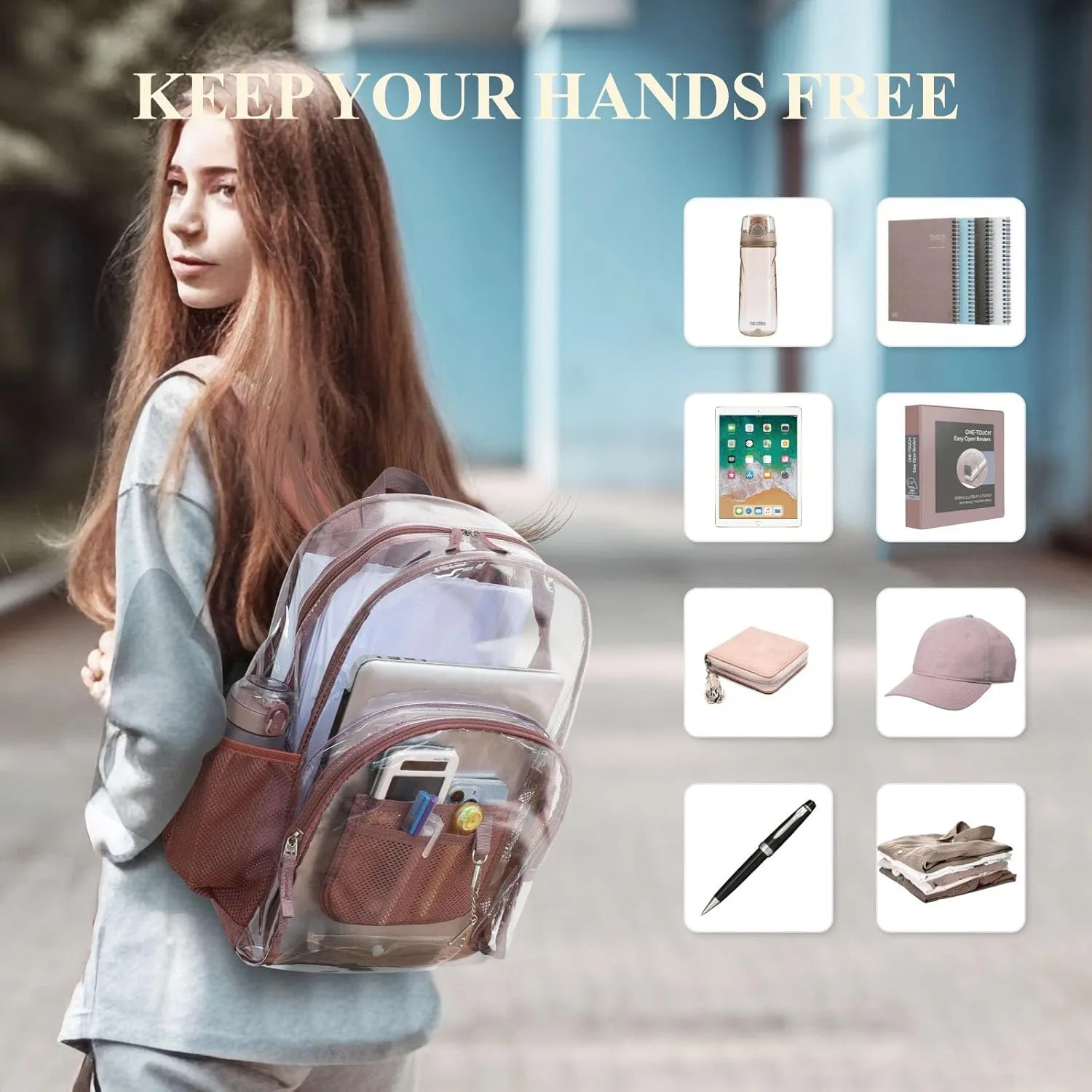 PACKISM Clear Backpack, Large Clear Backpack Heavy Duty Transparent Backpack, See Through Backpack Clear Bookbag for Student, School, Work, Travel, Pink(for age 12 above)