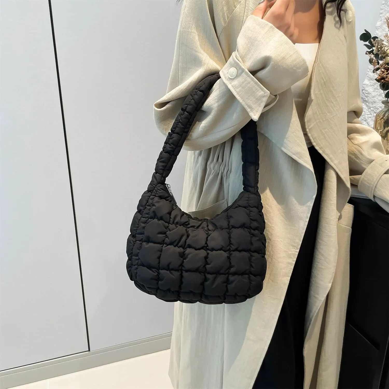 Puffer Quilted Shoulder Bag for Women Handbag Puffy Hobo Nylon Padded Tote Bag Soft Purse Lightweight