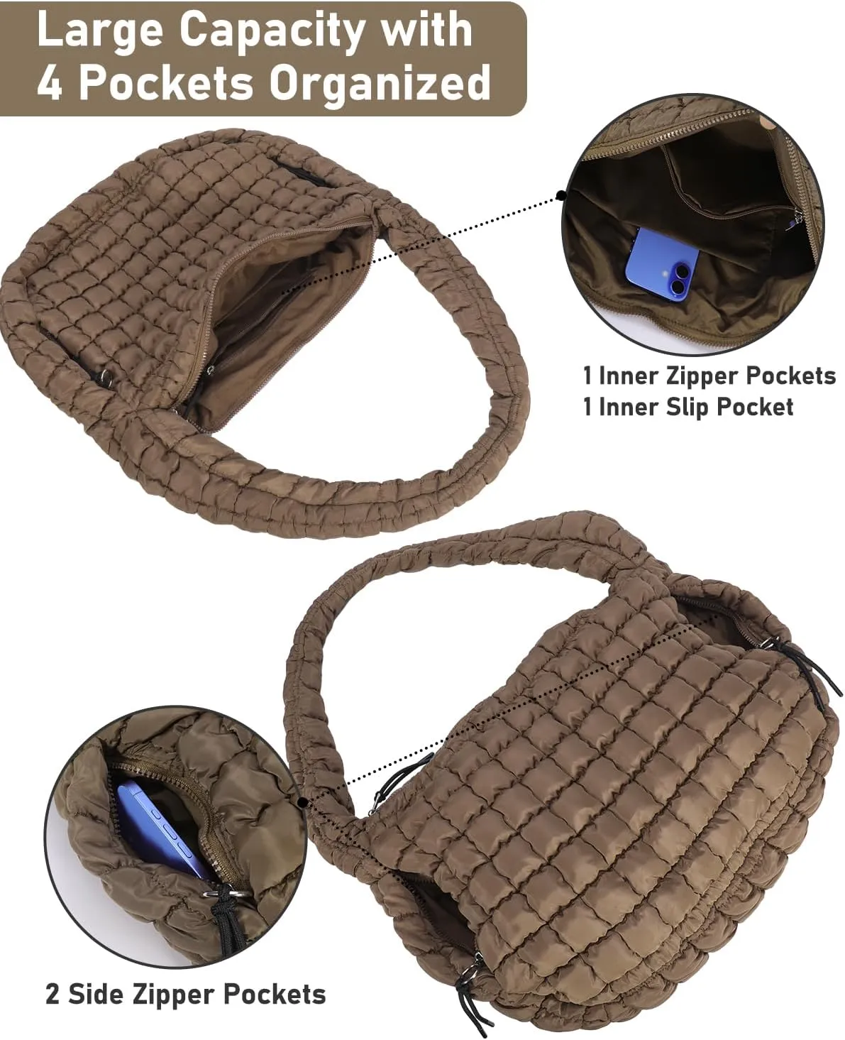 Quilted Tote Bag for Women with Mini Pouch Puffer Bags Puffy Crossbody Purse Large Hobo Puff Shoulder Carryall Handbag Gift