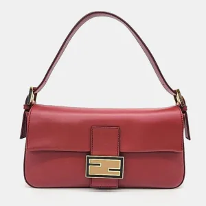 Red Leather Baguette Top Handle Bag