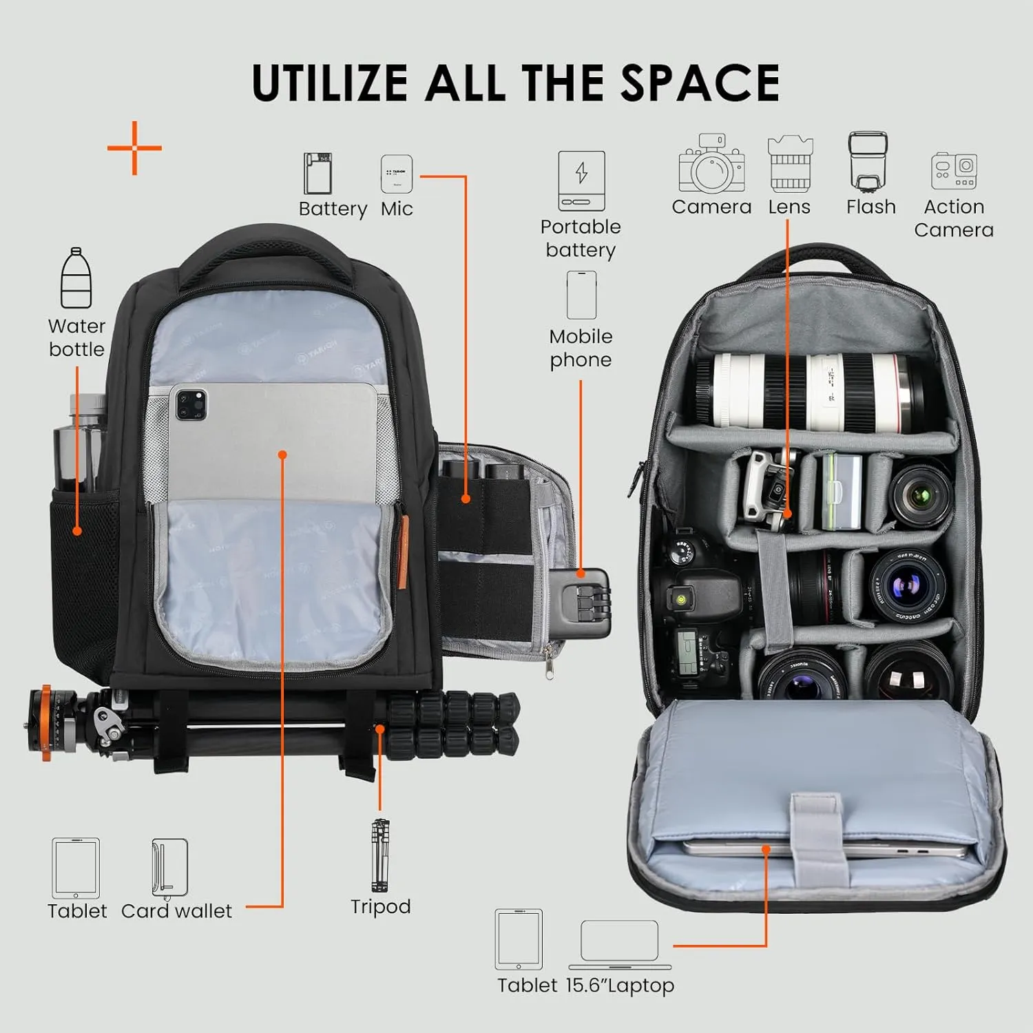 TARION Camera Backpack Waterproof Camera Bag Large Capacity Camera Case Photography Backpack with 15in Laptop Compartment Rain Cover for Men Women Photographer DSLR SLR Cameras Lens Tripod Black TB-02
