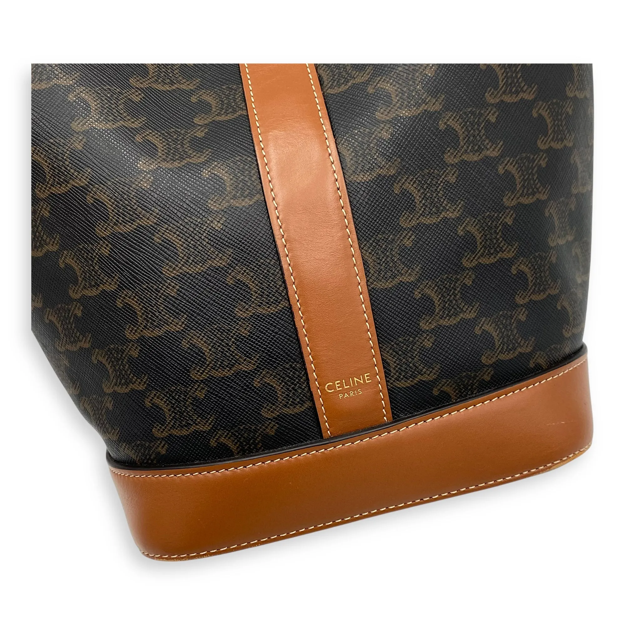 Triomphe Brown Bucket Bag in Coated Canvas, Gold hardware