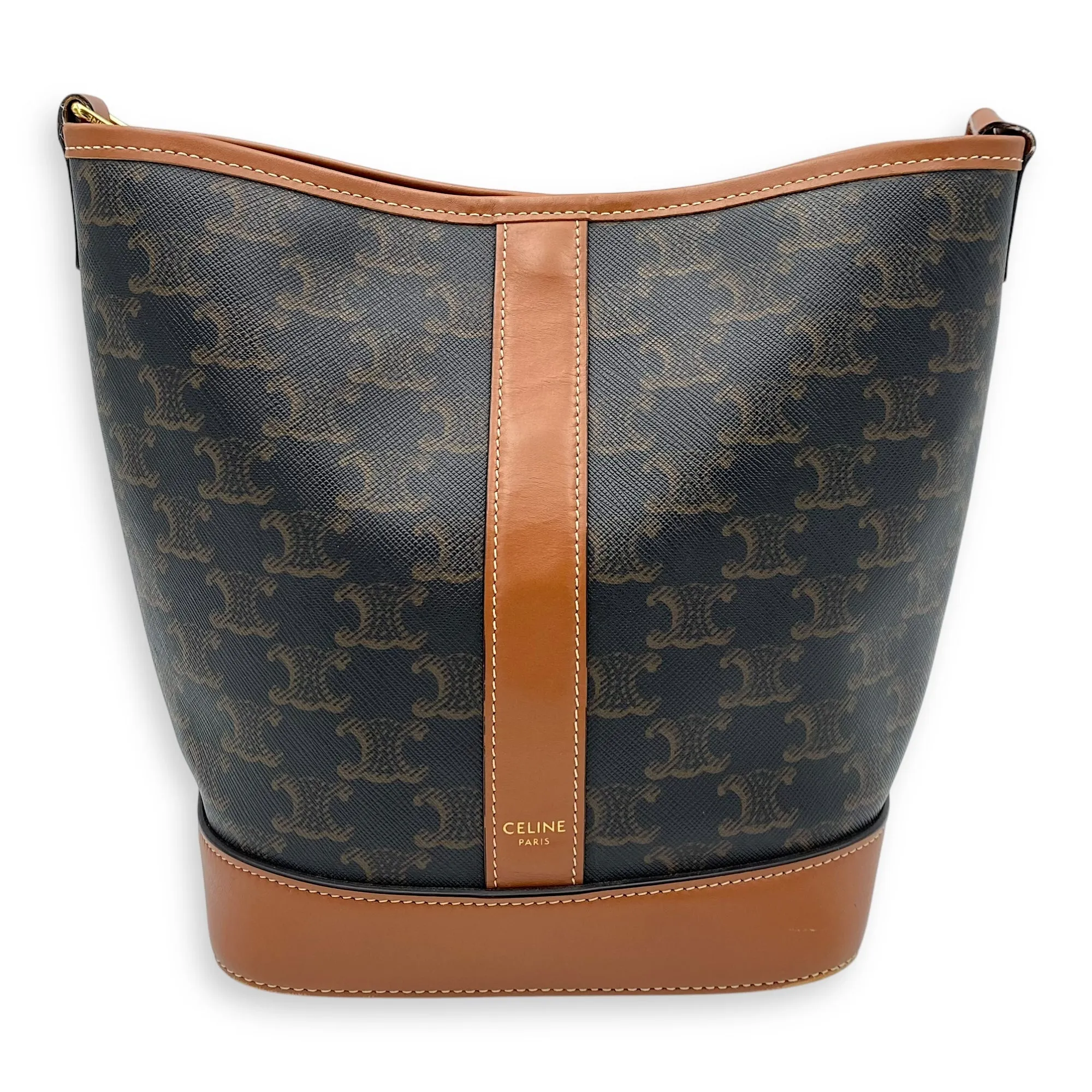 Triomphe Brown Bucket Bag in Coated Canvas, Gold hardware