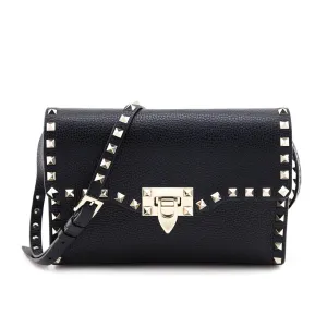 Valentino Black Grained Calfskin Rockstud Flip Lock Crossbody Bag