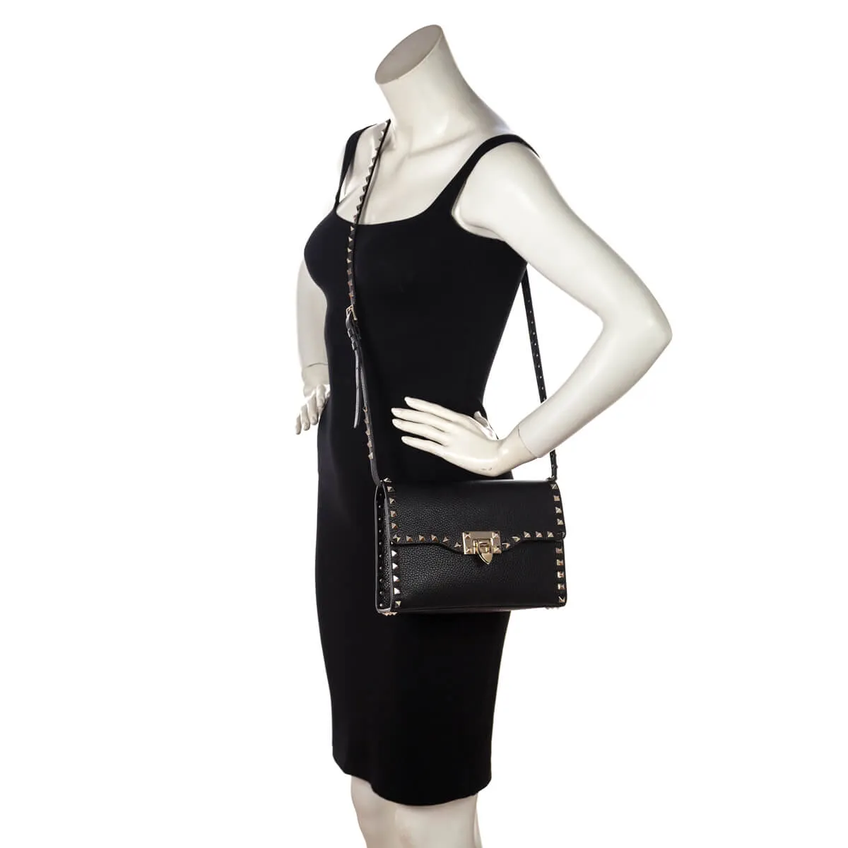 Valentino Black Grained Calfskin Rockstud Flip Lock Crossbody Bag