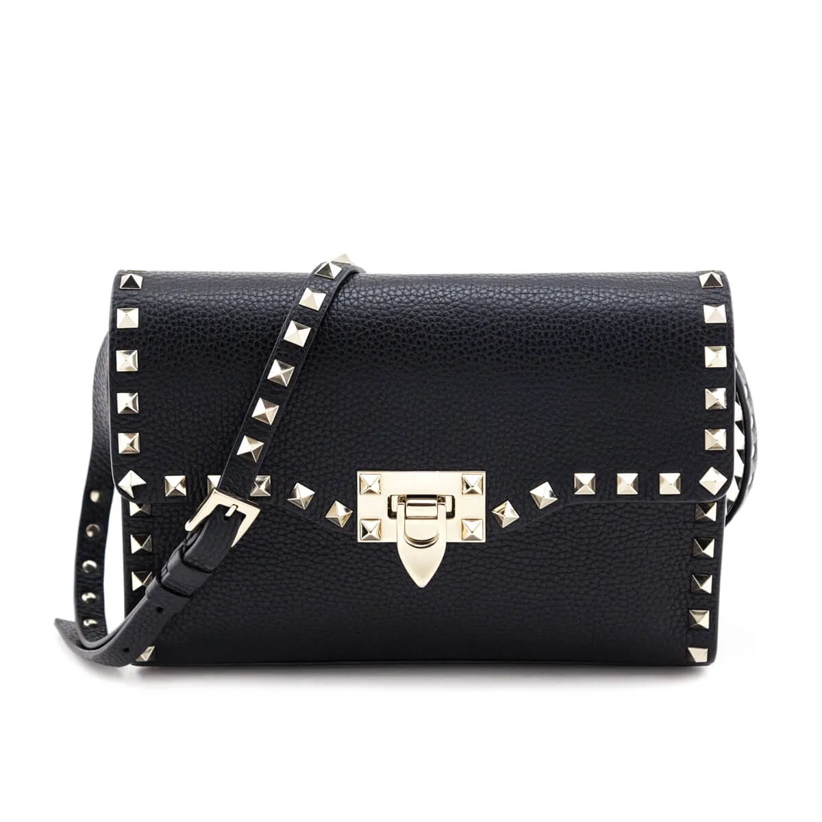 Valentino Black Grained Calfskin Rockstud Flip Lock Crossbody Bag