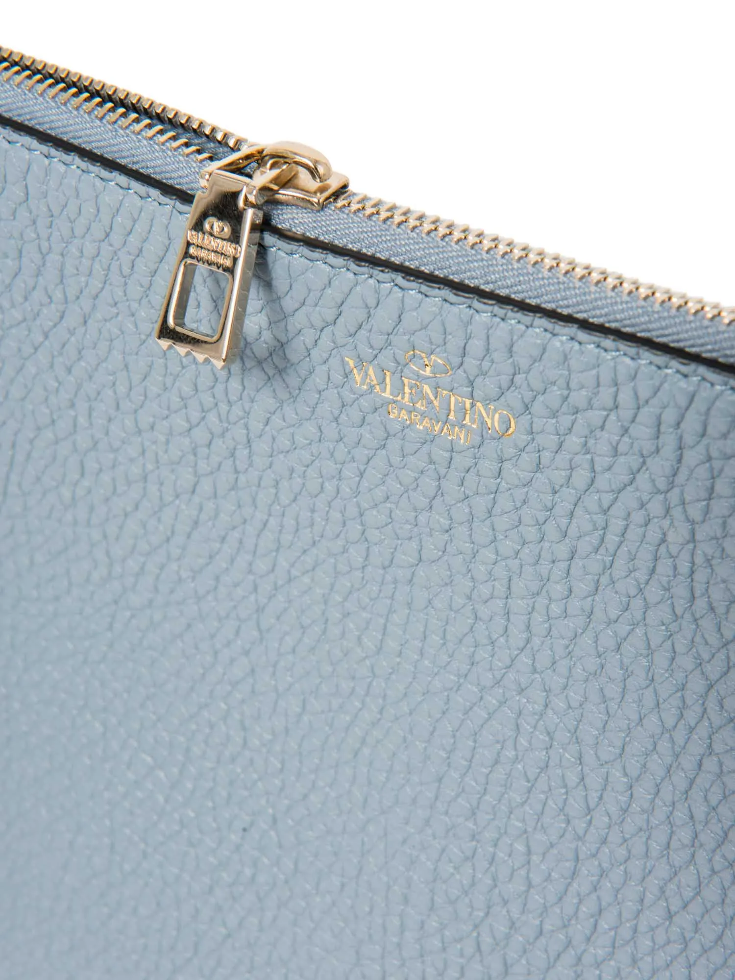 Valentino Logo Leather Rockstud Zippered Clutch Blue Gold