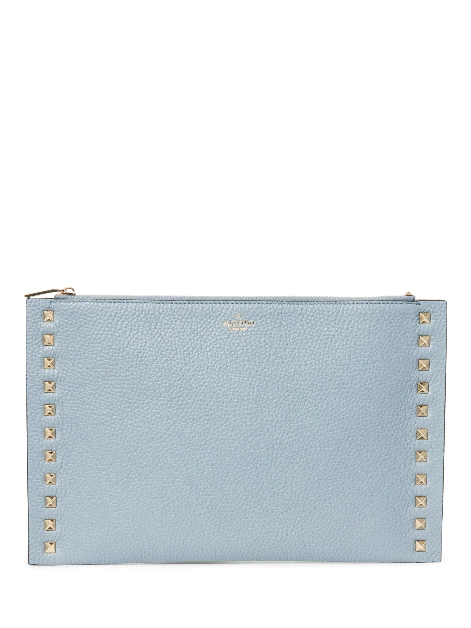 Valentino Logo Leather Rockstud Zippered Clutch Blue Gold
