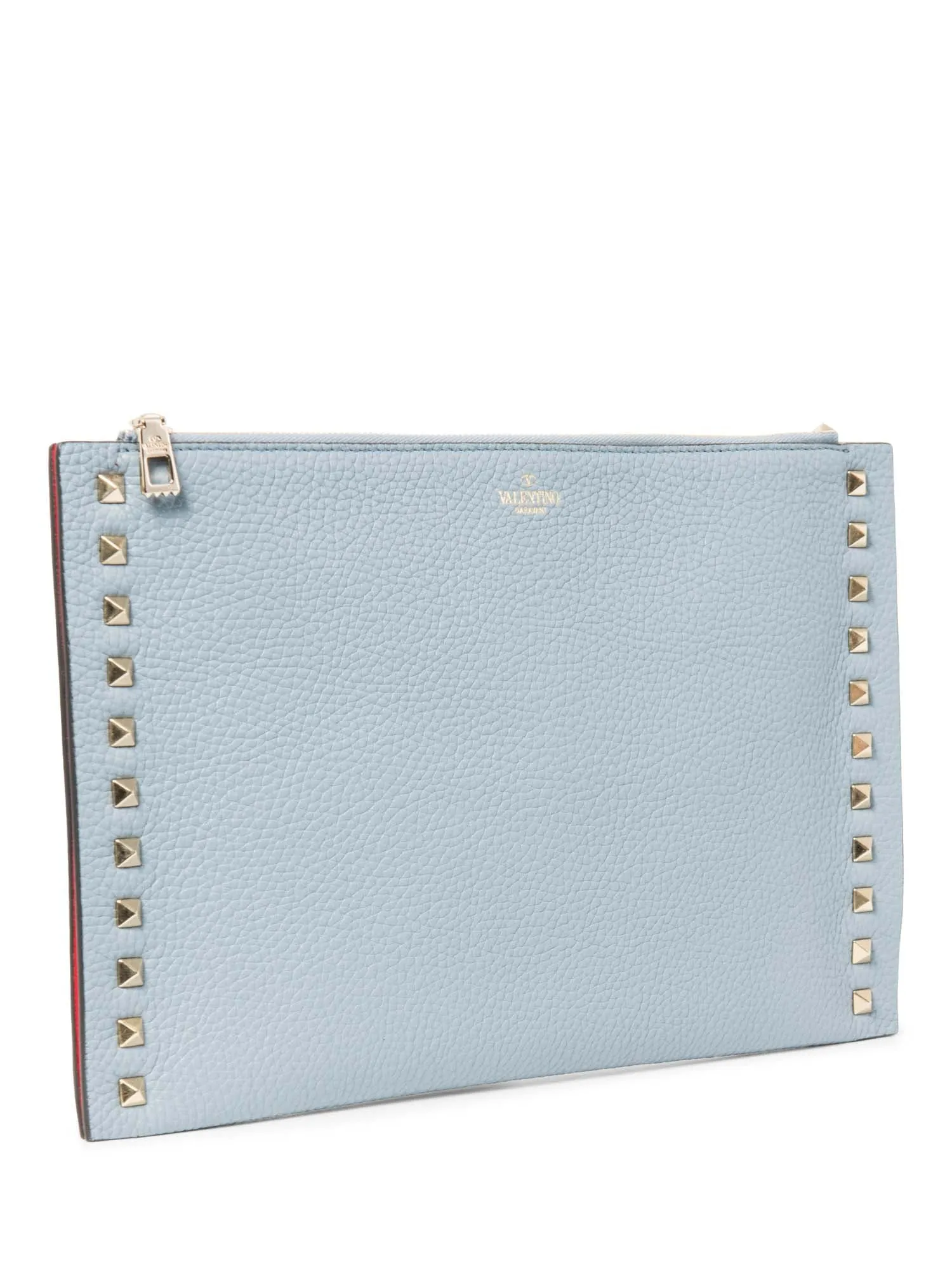 Valentino Logo Leather Rockstud Zippered Clutch Blue Gold