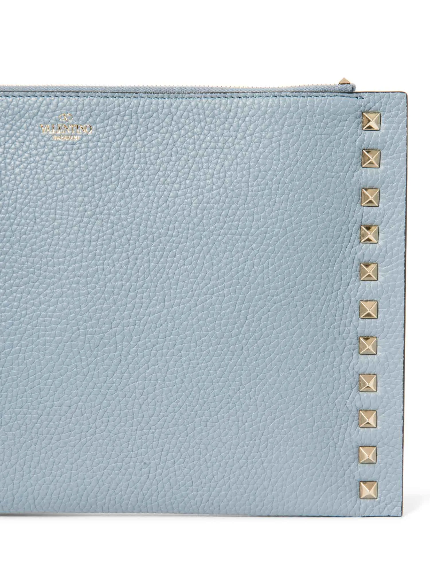 Valentino Logo Leather Rockstud Zippered Clutch Blue Gold