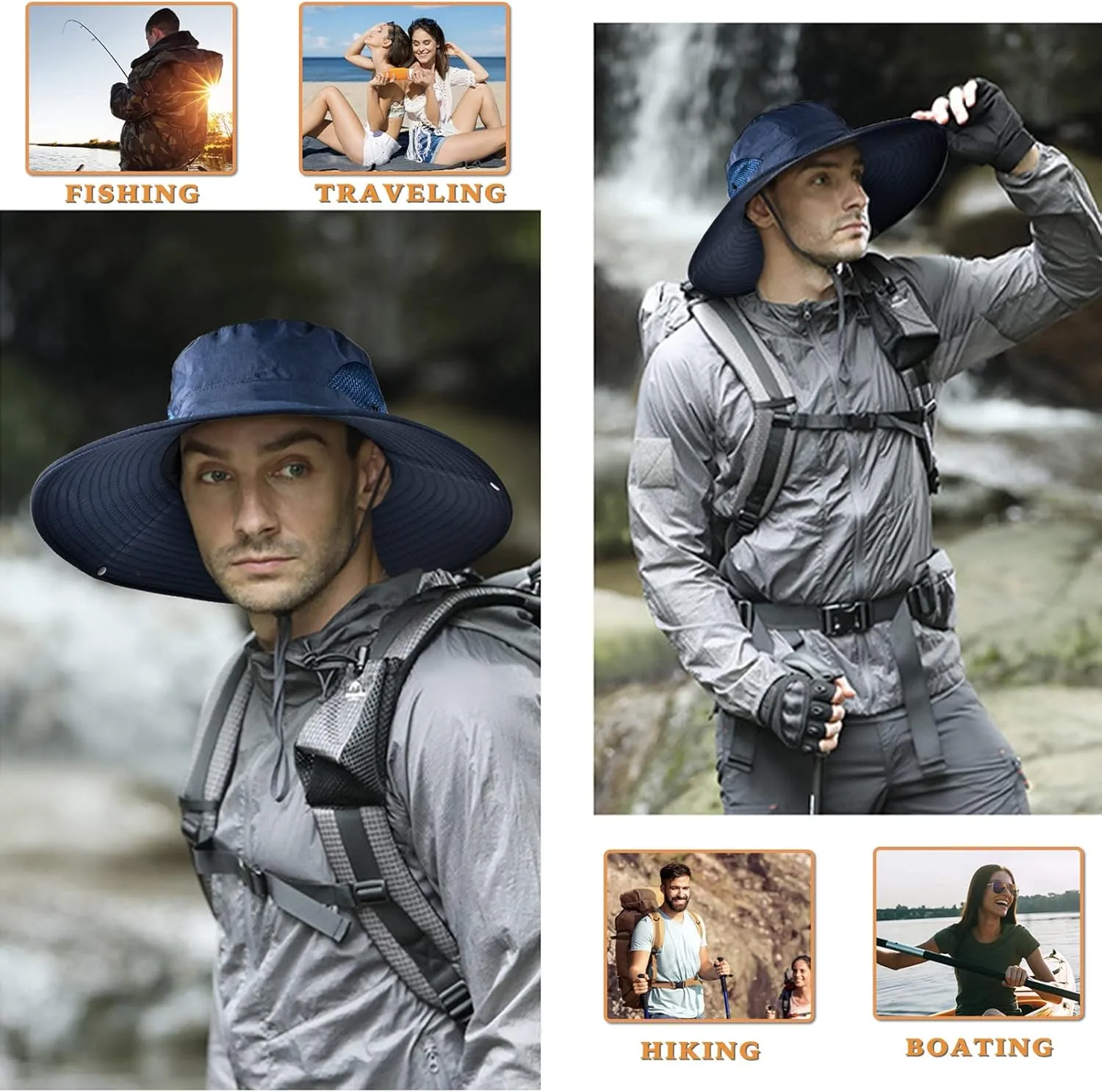 Wide Brim Fishing Sun Hat for Men Women, UPF 50  Waterproof Bucket Boonie Hat Hiking Camping Safari Garden Beach