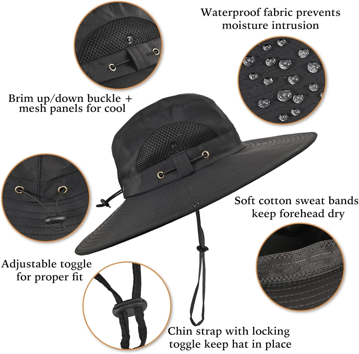 Wide Brim Fishing Sun Hat for Men Women, UPF 50  Waterproof Bucket Boonie Hat Hiking Camping Safari Garden Beach